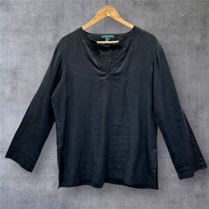 Lauren Ralph Lauren Black Linen Tunic Top Size Large Contrast Neckline Lagenlook